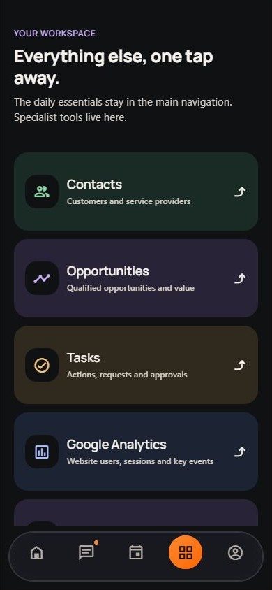 Current app Apps menu showing the available workspace tools.