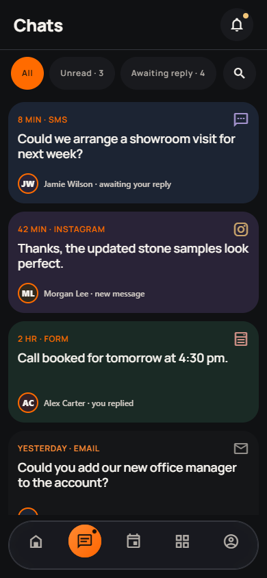 Current app Chats screen with example conversations.