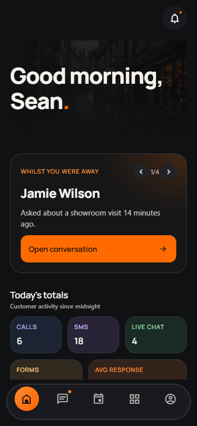 Current app Today home screen: morning overview, conversations, daily activity and the app’s bottom navigation. Shown with example data.